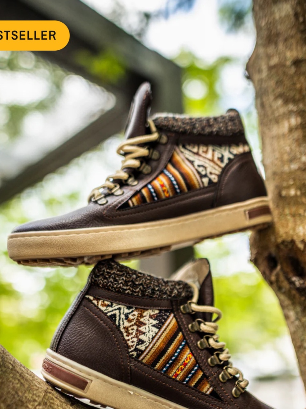 inkkas Brown leather camping boots Peruvian woven textile size 6